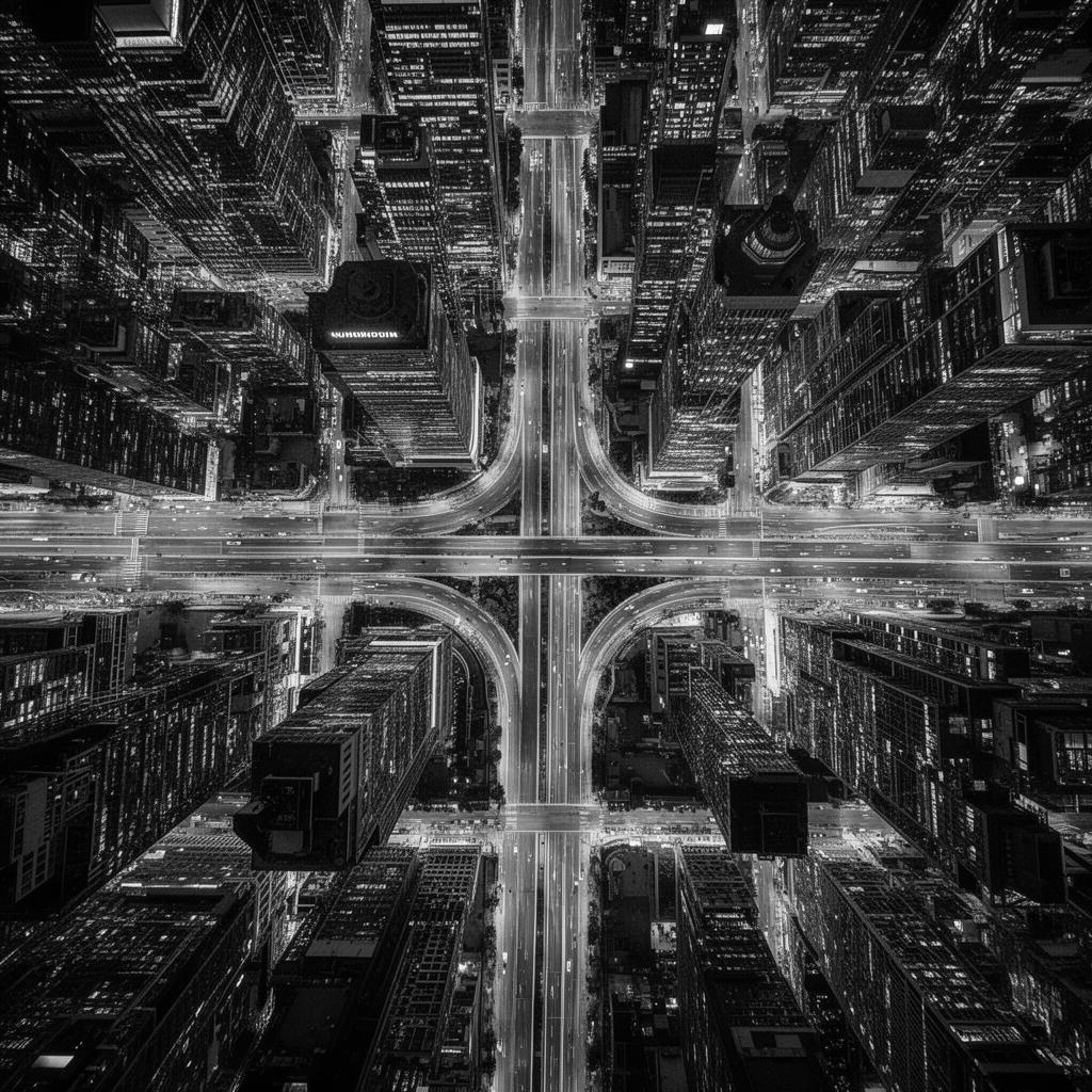 Aerial monochrome view of a financial district at night